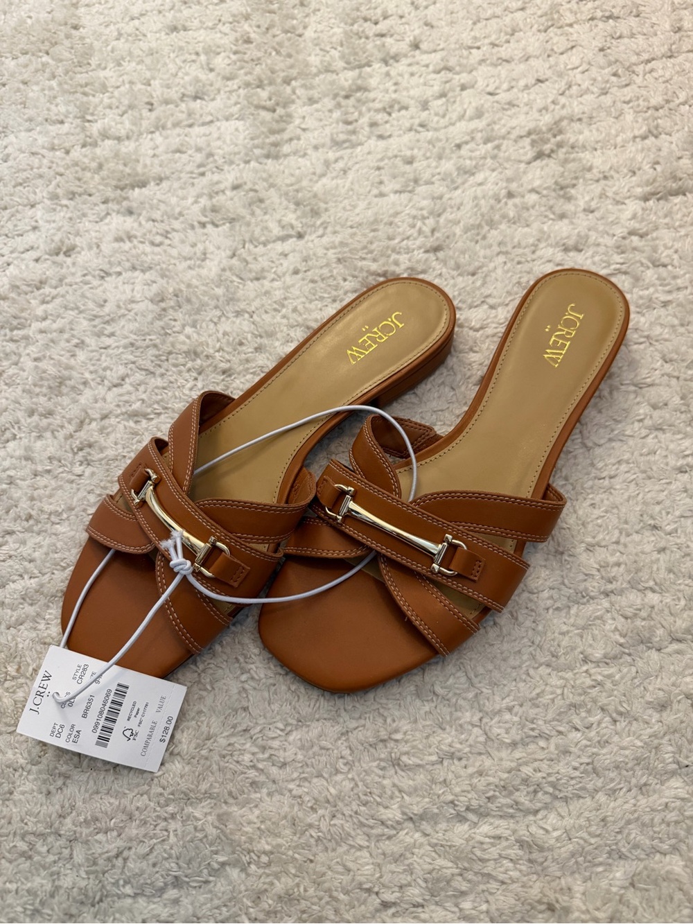 J. Crew Tan Leather Slide Mules with Gold Accent